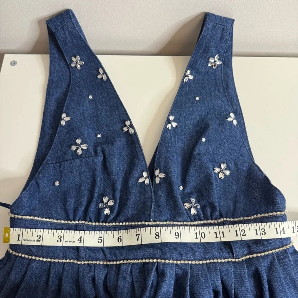 Free People Aultry Embellished Mini Dress Denim Rhinestones Small NWT - Picture 10 of 10
